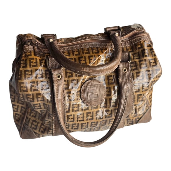Authentic Vintage Fendi Zucca FF Boston Tote Handbag Brown Tan Monogram Women - Picture 1 of 13